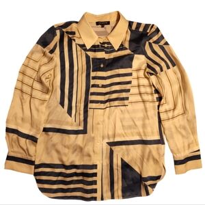 Lafayette 148 Michelle Eclipse Print Button Down Blouse Size M Ivory/Nude/Blue